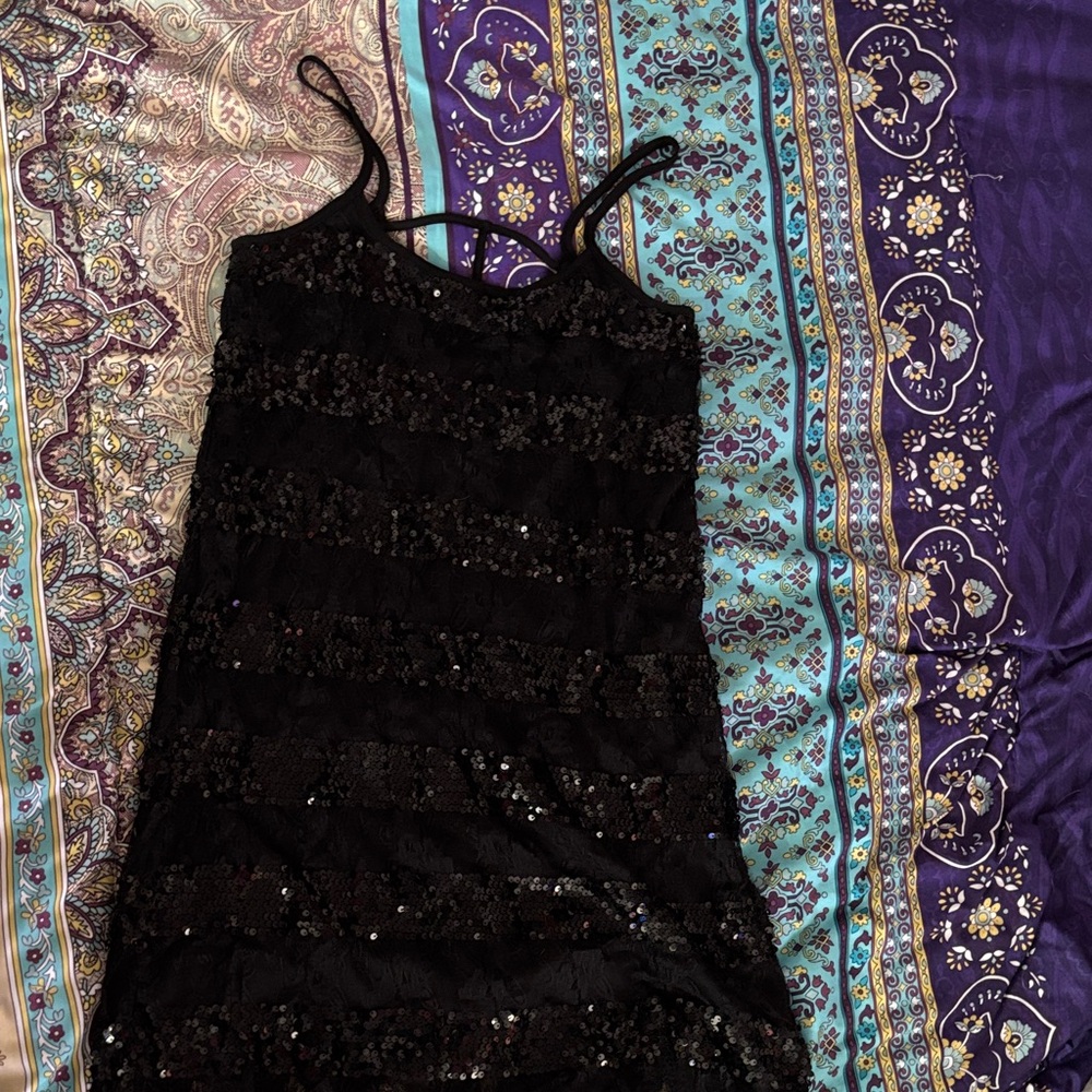 Wetseal Dress Black Sequin Open Back Stretch Sheer Lace - Like New Size Small